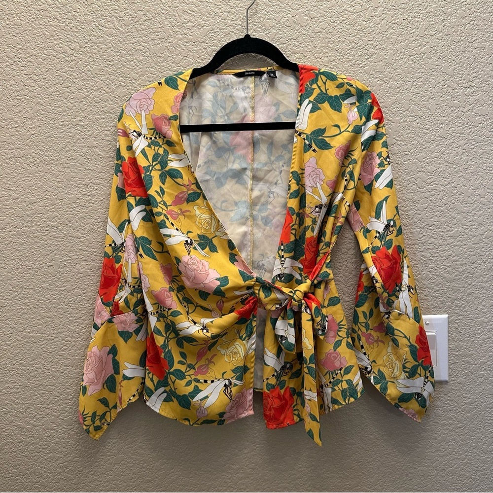 Betabrand Women's Wrap Blouse Medium Yellow Floral Print 3/4 Bell Sleeves xs